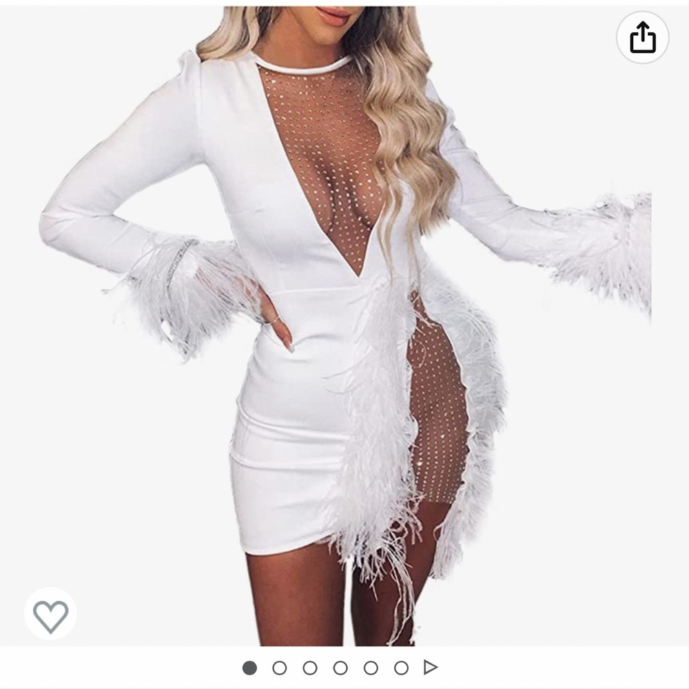Nhicdns Women Sexy Club Dress Long Sleeve Deep V Neck Mini Dress Feather Sequin
